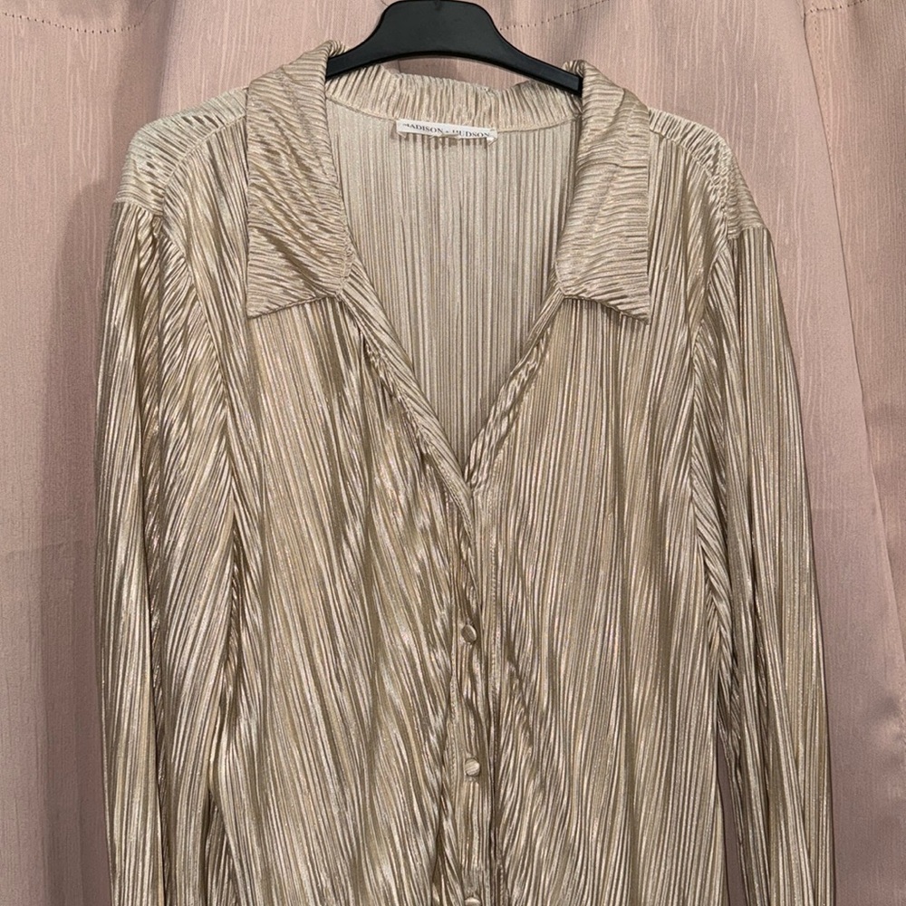 Long Sleeve Button Up Metallic Gold Shirt